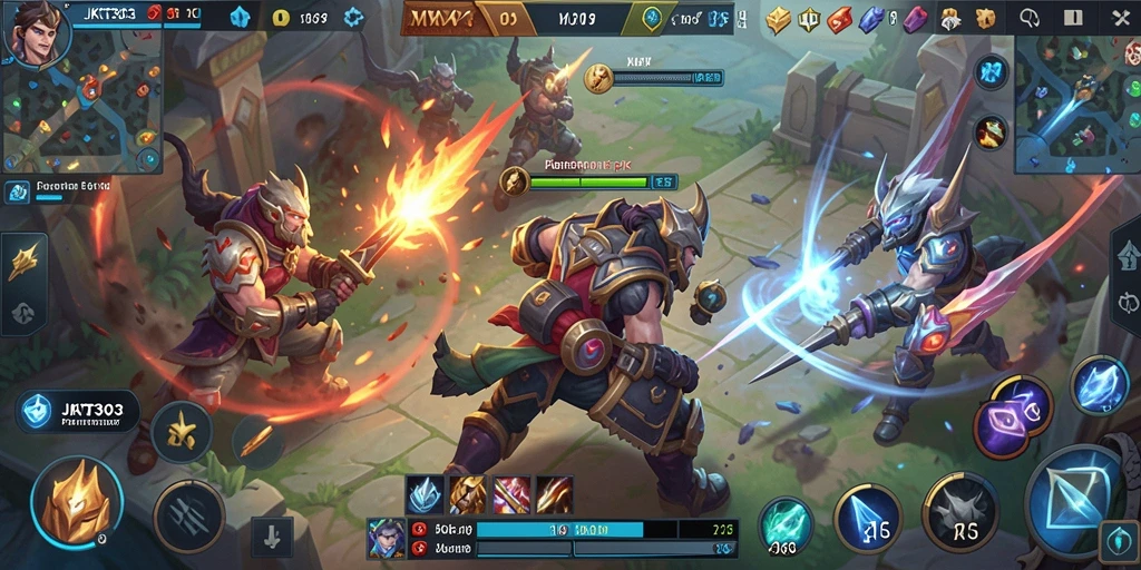 Tangkapan layar gameplay seru di JKT303 dengan aksi MOBA yang intens.
