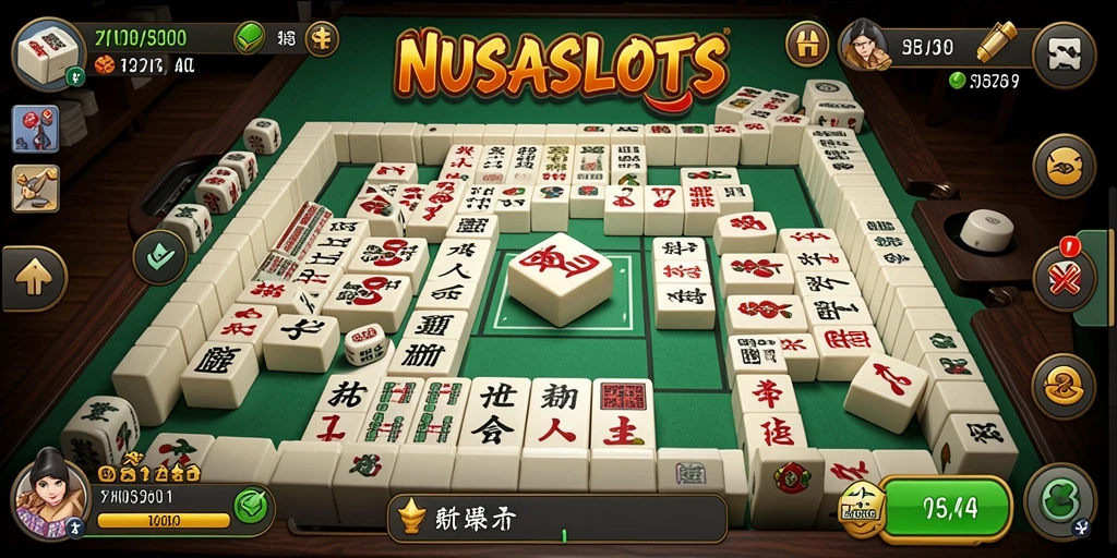 Tampilan gameplay seru NUSASLOTS dengan ubin Mahjong berwarna-warni.