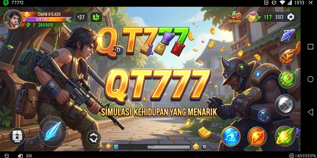 Tampilan dinamis gameplay QT777 dengan karakter dan lingkungan yang interaktif.