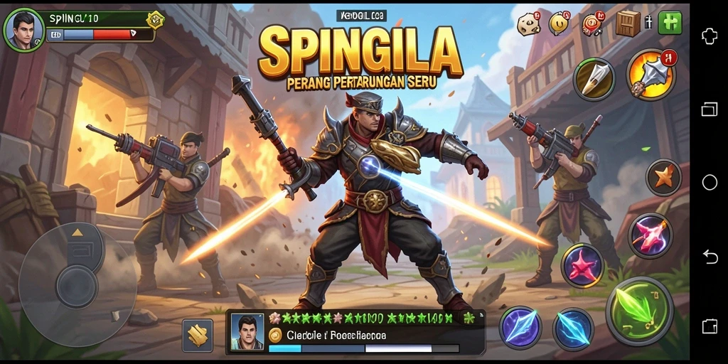 Tampilan gameplay SPINGILA dengan pertarungan yang mendebarkan dan karakter yang menarik.